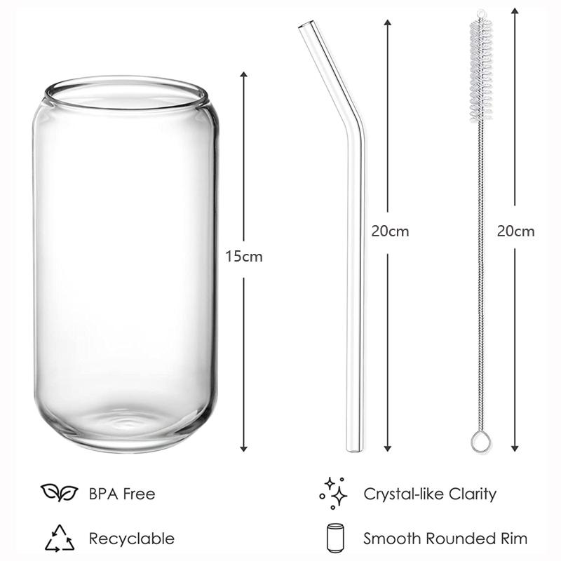2Pcs 550ml Glass Cup Can Shaped Drinking Glasses Iced Coffee Cup Bubble Tea Mug Beer Tumbler Juice Milk Beverage Cup with Straws