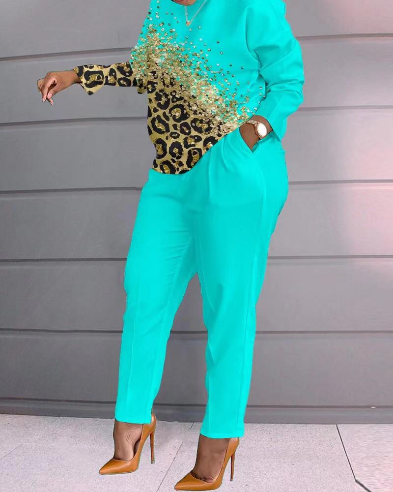 European and American Women's Long-Sleeved Printed Trousers Two-Piece Suit