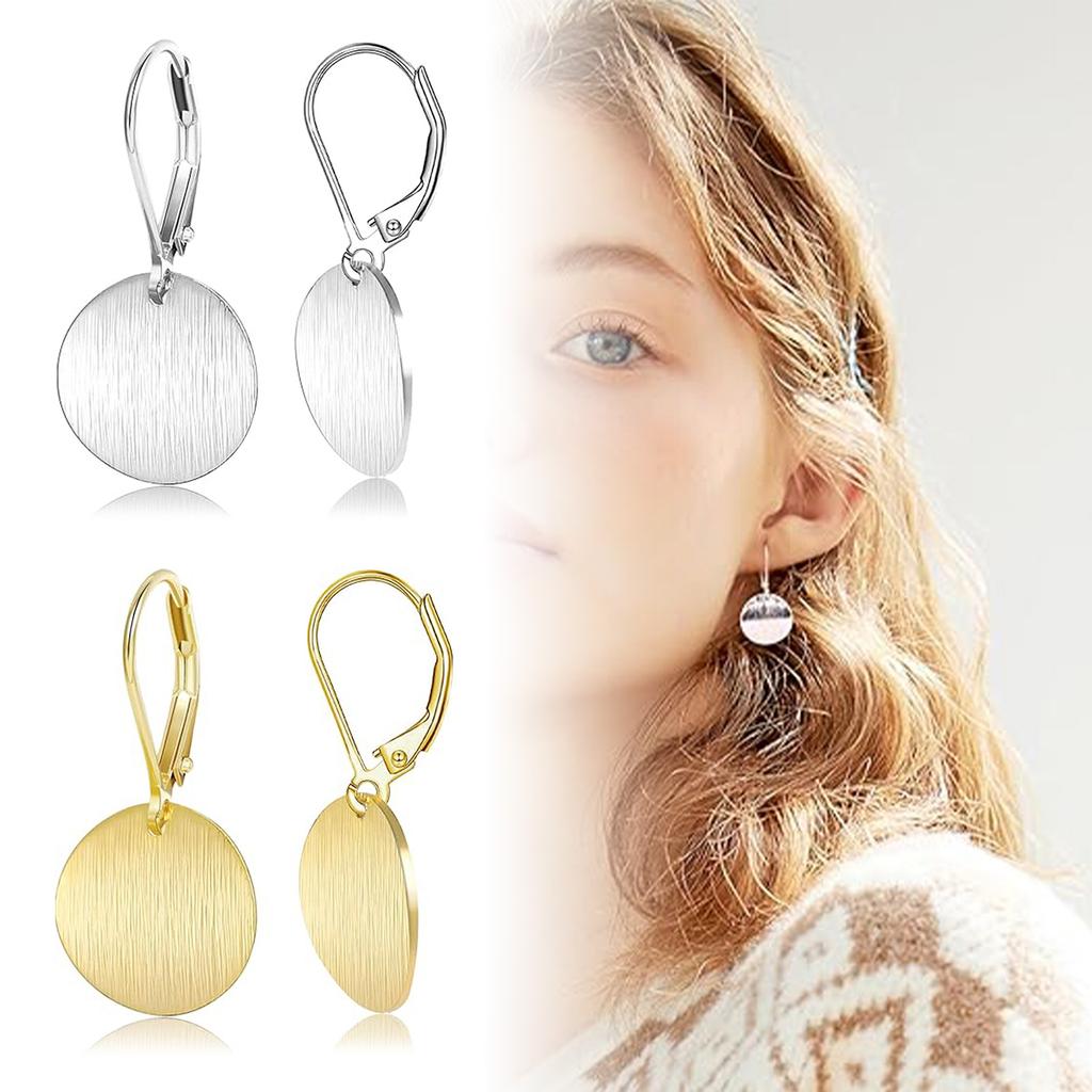 Round Geometric Drop Earrings Gold/Silver Tone Circle Disc Coin Flat Brushed Drop Earring for Fashionable Women