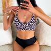 Women's Swimsuit Leopard Print Color Block High Waist Backless Sexy Bikini Tankini Beachwear Bathing Suits