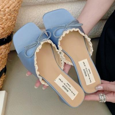 Модные Элегантные Кружевные Украшенные Бантом Брендовые Шлепанцы Женские Модные Сексуальные С Квадратным Носком С Открытым Носком Шлепанцы Милые Летние Сандалии Женские
