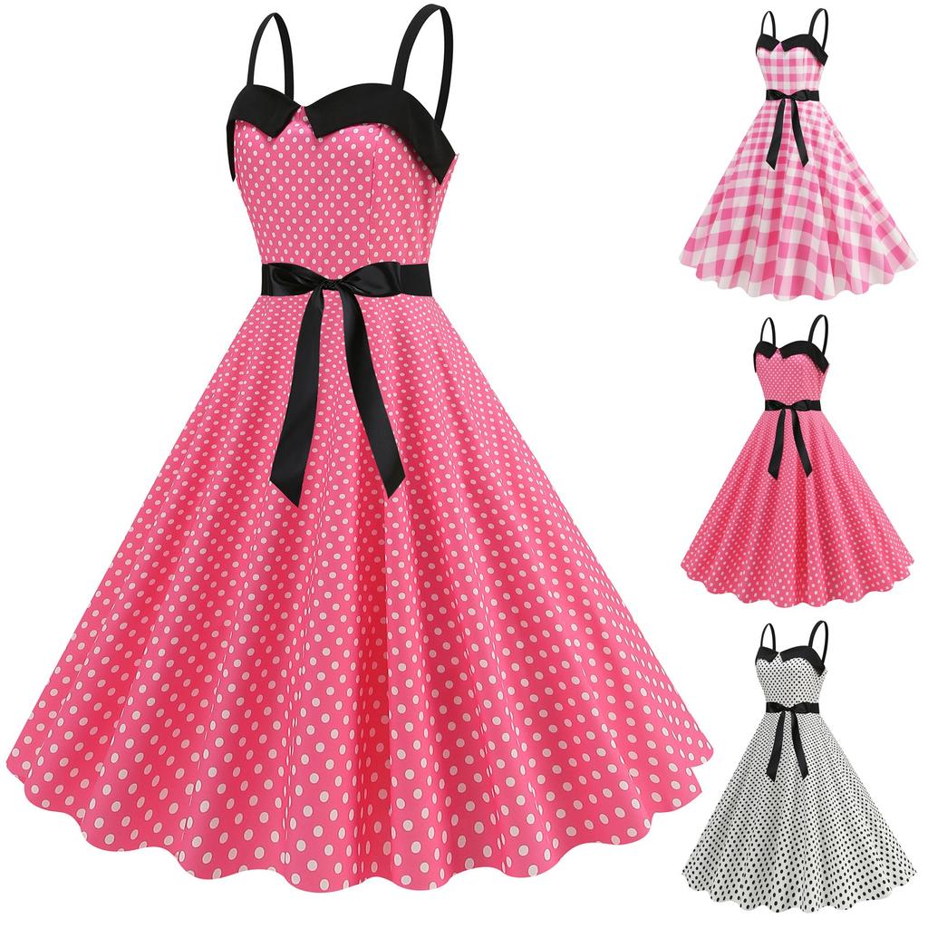 Women's Fashion Temperament Retro Polka Dot Lace-up Backless Set Neck Big Swing Puffy Casual Performance Dress