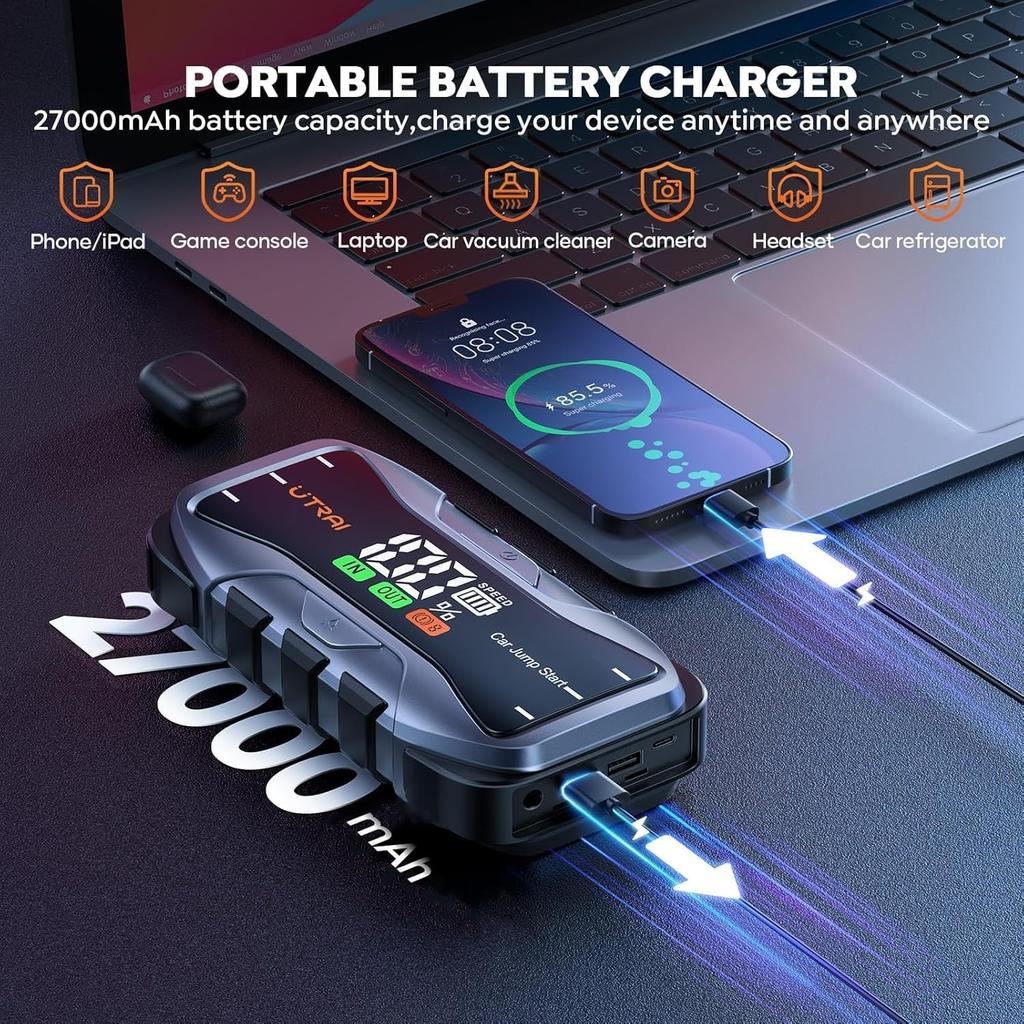 Портативное пусковое устройство 8000А 12В 27000мАч Быстрая зарядка Type-C USB DC Светодиодный фонарик