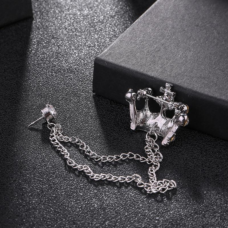 JY Fashion Brooch Vintage Crystal Crown Chain Pin for Men Jewelry Suits Accessories Lapel Badge Brooch