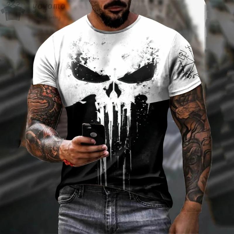 Men's T-shirt with a 3D military-themed skull print, crew-neck T-shirt, oversized T-shirt, short-sleeve T-shirt, men's athletic
