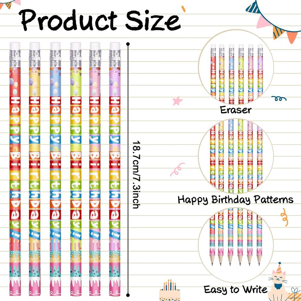 24 Pcs Happy Birthday Pencils Colorful Birthday Pencil for Students Teacher Wooden Pencils with Erasers Birthday Party Supplies, 6 Style(24)