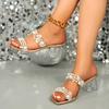 Мода Мода Декор из жемчуга Шлепанцы на высоком каблуке Женские 2025 Лето Прозрачные босоножки на каблуке с двойным ремешком Женские шлепанцы с квадратным носком