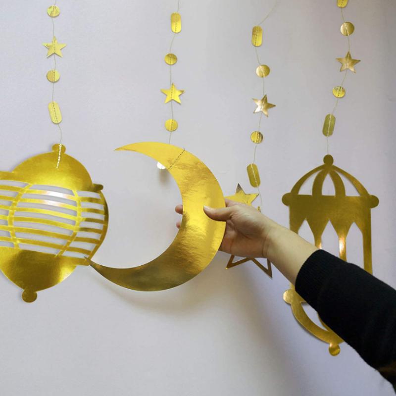 Eid Mubarak Gold Banner Decoration Hanging Star Moon Hanging Decor Ramadan Kareem For Home Decor Muslim Party Supplies HMM