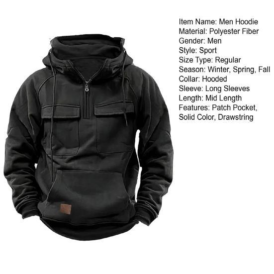 Men's Large Patch Pocket Drawstring Long Sleeve Half-Zip Hoodie