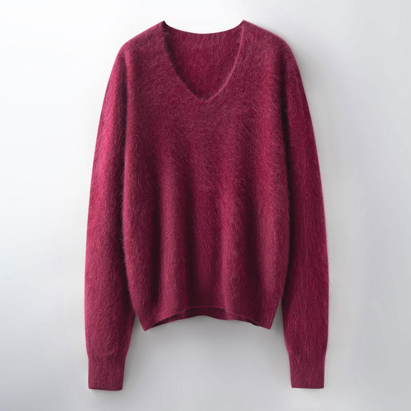 Women's Brushed Wool V-Neck Long-Sleeve Sweater: Autumn/Winter Loose Slimming Knitted Pullover Top