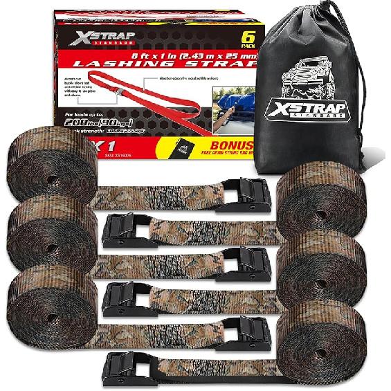 XSTRAP STANDARD Мягкая пряжка-фиксатор с кулачковым замком 6 шт. 8 футов Ременные стяжки для мотоспорта, Черные стяжные ремни, Поставляются с мешком на шнурке, Для крепления груза, багажа,