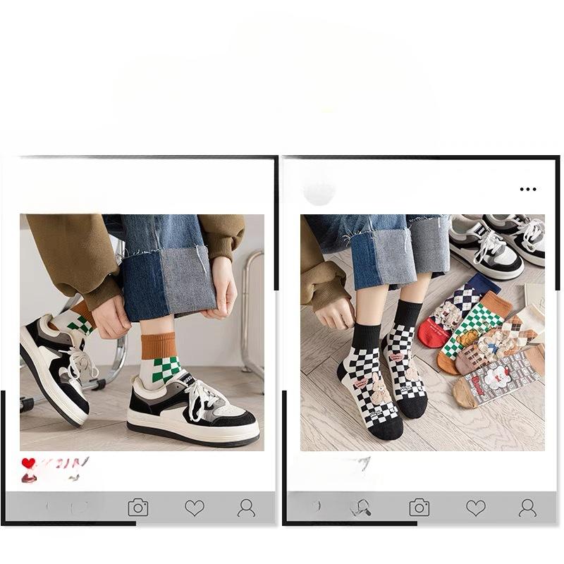 Милые носки с маленьким мишкой, мультяшный шахматный узор, школьный стиль, универсальные хлопковые носки, модные короткие носки