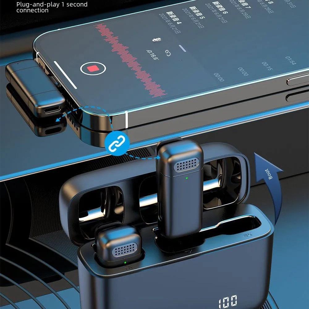 Беспроводной прикрепляемый микрофон с зарядным чехлом, индикатором заряда, высокой громкостью, потоковой передачей на мобильные устройства, короткими видео, шумоподавлением.