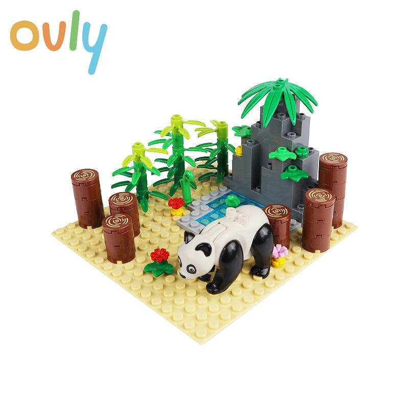 Ovly Ферма Зоопарк Среда обитания панды Набор деталей MOC Животные Дерево Бамбук Камни DIY Набор строительных блоков Детский подарок с инструкцией