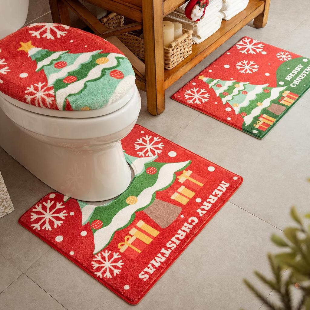 3pcs Christmas Bathroom Toilet Floor Mat, Water-Absorbing, Anti-Slip And Dirt-Resistant Floor Mat, Home Decoration