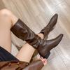New Women Boots Zipper Thick Mid Heels Simple Solid Pleated Leather Autumn Winter Boots Knee High Botas Plus Size 34-42