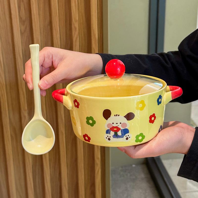 Кремовая ветровая посуда Милая керамическая миска для лапши быстрого приготовления с крышкой Двуухая суповая миска Миска для лапши быстрого приготовления для студенческого общежития