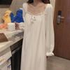 Women Mid Calf Nightgowns Solid Square Collar Long Sleeve Drawstring Ruffles Loose Retro Chic