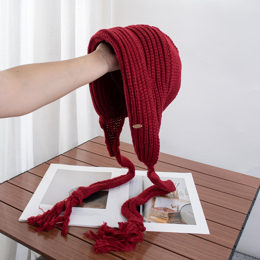 Handmade foreign style long braided ear protection hat simple thickened large head circumference knitted wool hat balaclava hat