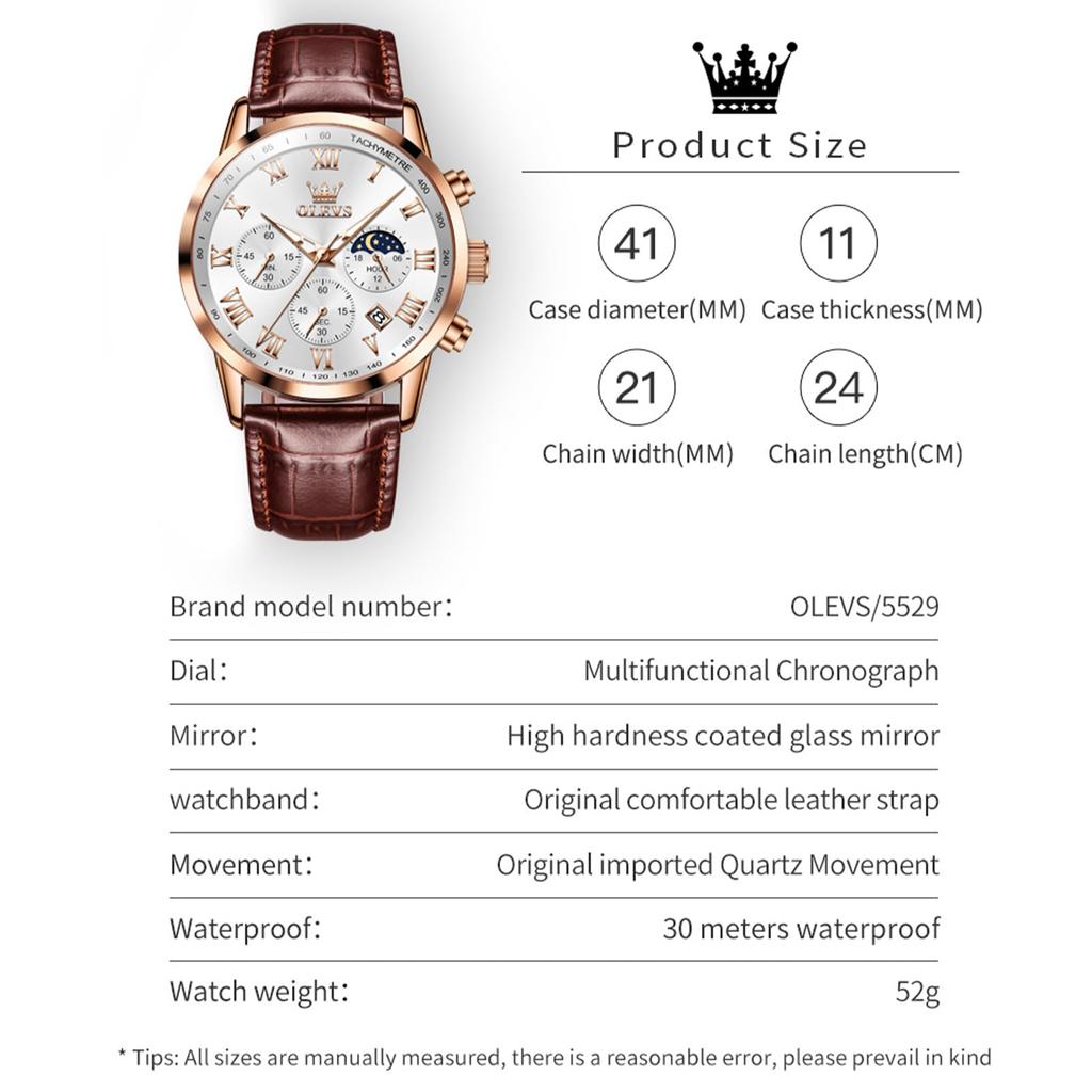 Часы OLEVS Простые стильные водонепроницаемые наручные часы с аналоговым коричневым кожаным ремешком, классные популярные деловые часы с римскими цифрами, легко читаемая дата, светящиеся