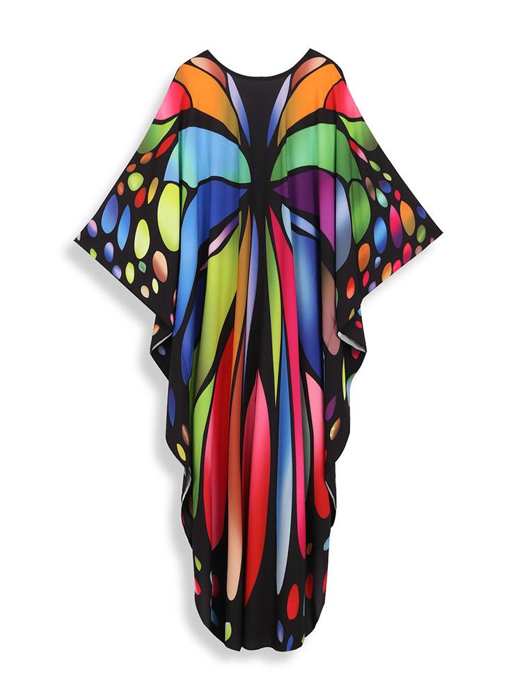 EDOLYNSA Plus Size Kaftan Red Bohemian Printed Summer Long Beach Dress Women Homewear Outfit Swim Suit Cover Up Loose Caftan