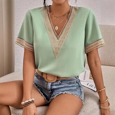 Женская летняя блузка, модная кружевная вязанная крючком рубашка с коротким рукавом и v-образным вырезом, свободная рубашка с v-образным вырезом, рубашка с круглым принтом и цветными блоками, топ