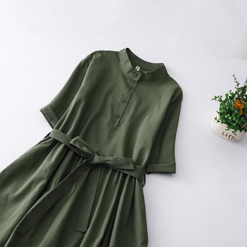 2025 лето новое однотонное хлопково-льняное платье женское свободное ретро на шнуровке на талии воротник поло рукав три четверти длинное платье