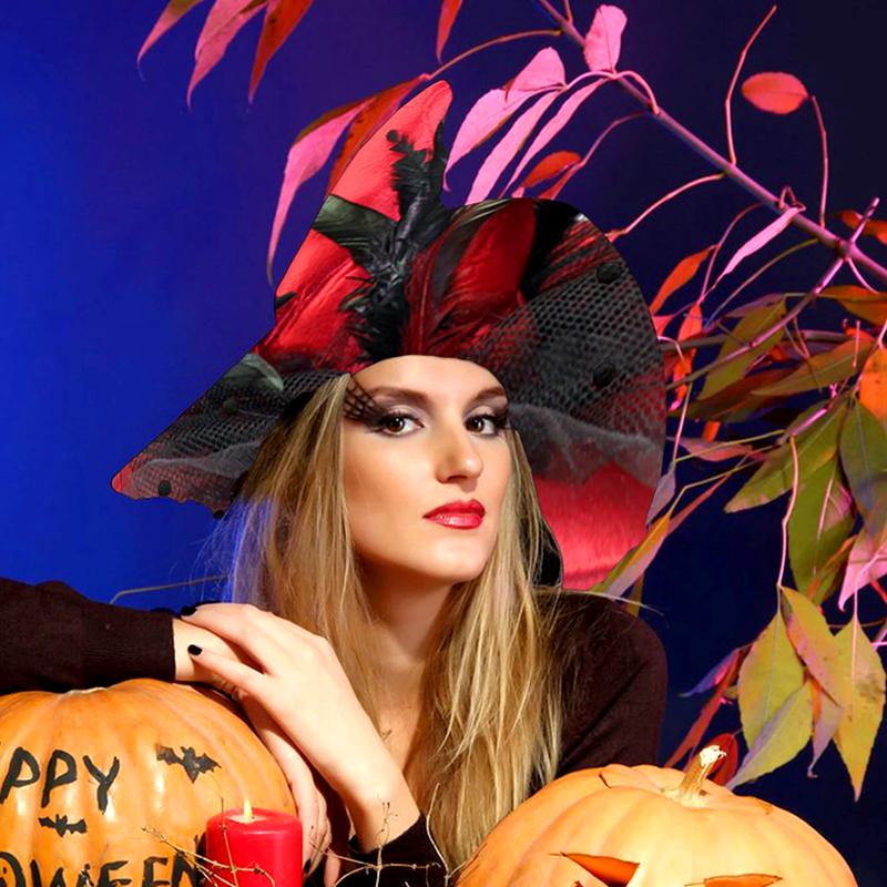 1PC Creative Carnival Costume Accessories Cosplay Black Tulle Halloween Witch Hat Feather Fashion