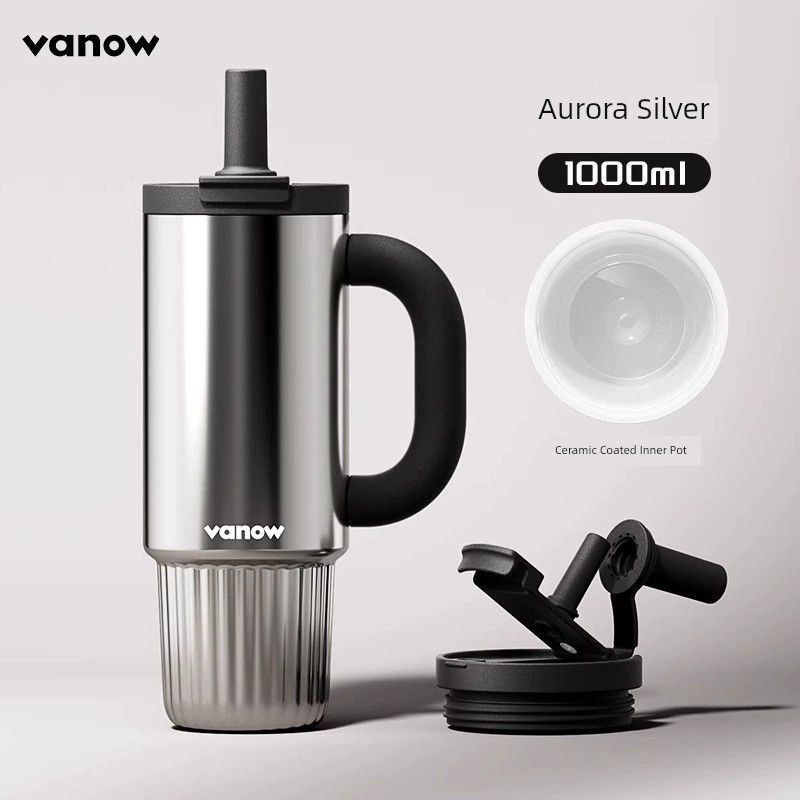 British Vanow Large-Capacity Thermos Cup for Men and Women, Simple Solid Color Ceramic Inner Tube, Straw, Ice Cup