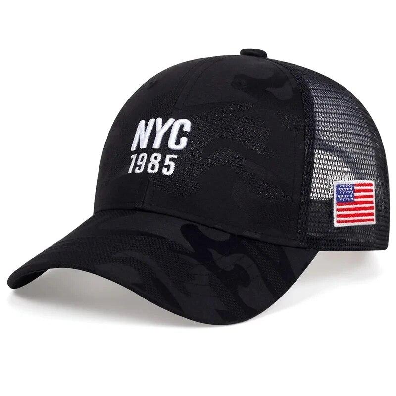 Черные камуфляжные сетчатые бейсболки Nyc1985 с вышивкой, весенне-летние, для улицы, регулируемые, повседневные, солнцезащитные шляпы