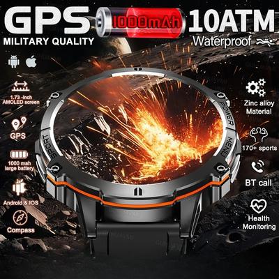 Новые Уличные Военные Умные Часы Мужские 1.73" IP69K 10ATM Водонепроницаемые 1000 мАч Супер Большая Батарея BT Звонки Часы Мужские