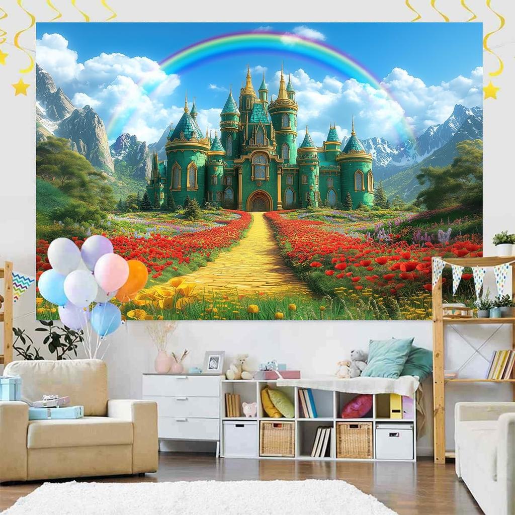 Emerald Castle Backdrop Green Castle Spring Fairy Castle Rainbow Background Party Decorations Portrait Photo Booth Props Banner