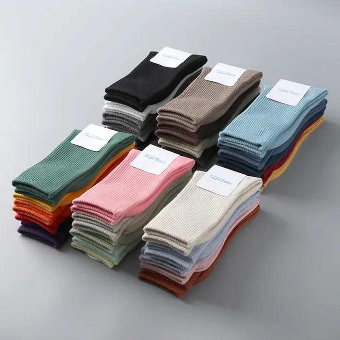 1390 Unisex Solid Crew Socks 5 Pairs (30 Colors)