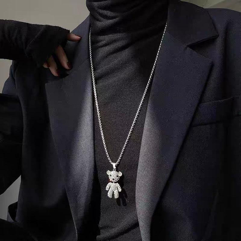 Женское ожерелье Мужское ожерелье Титановое ожерелье Полное бриллиантовое ожерелье с медведем Женская цепочка для свитера в стиле хип-хоп