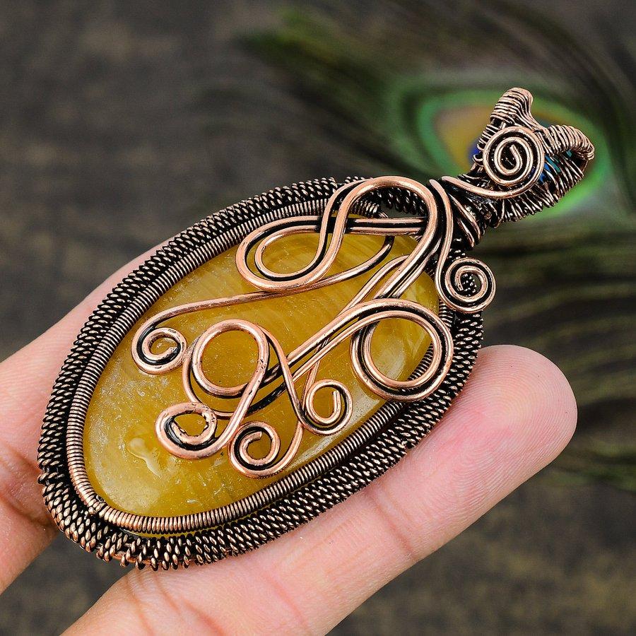 Yellow Fluorite Gemstone Copper Wire Wrap Jewelry Pendant 3.15