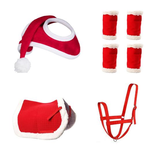 1/4/7Pcs Horse Christmas Costumes Red Santa Hat Horse Saddle Pad Leg Wraps Decoration Accessories