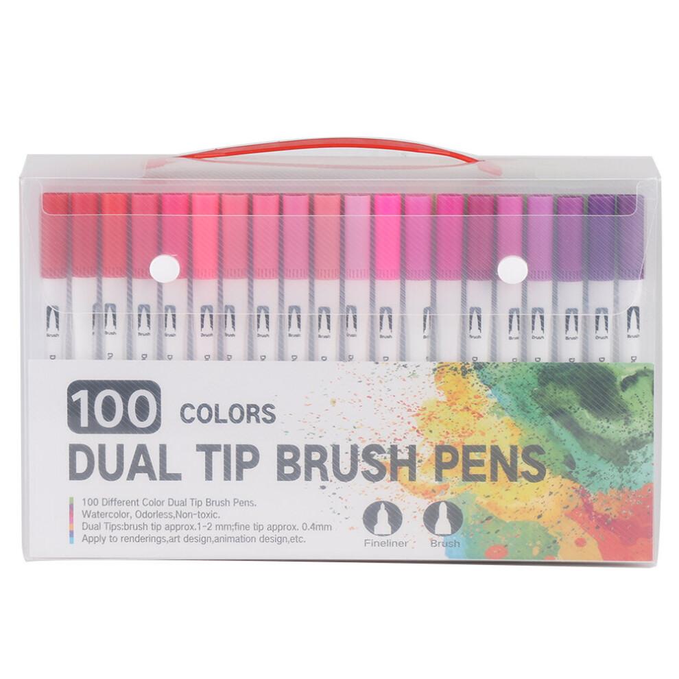 100 Colour Dual Tip Brush Pens Colouring Art Markers Drawing 