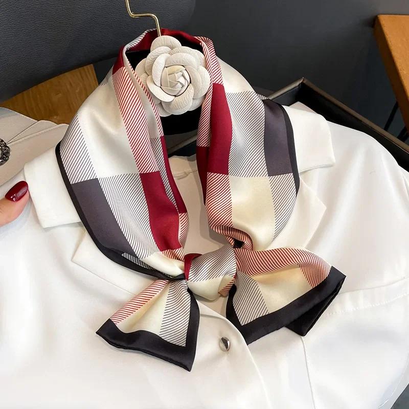 New Luxury Design Ribbon Silk Scarf Plaid Headband Neckerchief Foulard Female Hair Scarfs Neck Ties Lady Skinny Scarves