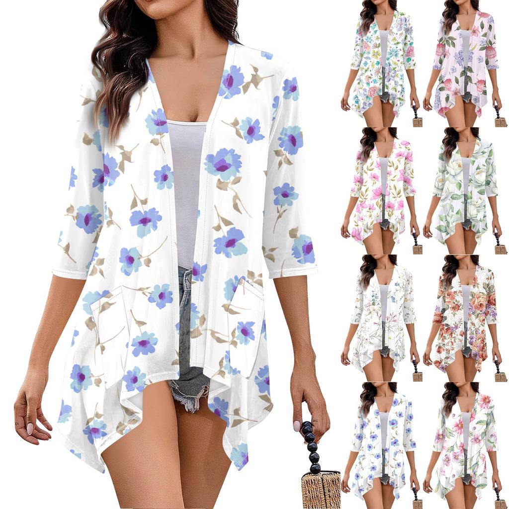 Women's Fall Print Irregular Three-quarter Sleeve Cardigan With Pocket Jacket