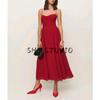 Spring New Women's Clothing French Style Retro Pure Color Figure Flattering Cinched Waist Lace-up Long Midi Skirt Sling Dress