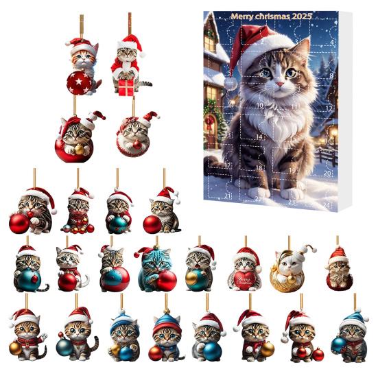 Рождественский кошачий адвент-календарь Акриловый 2D мультяшный кот Подвесные украшения 24 дня 2025 Рождественский календарь обратного отсчета Подарок для любителей кошек Праздничное украшение