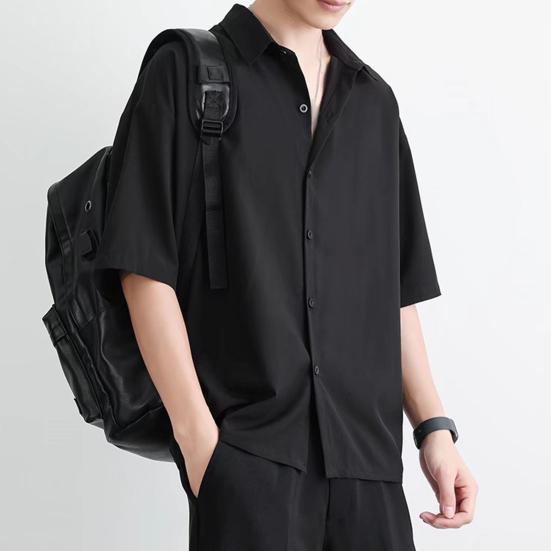 Men Summer Shirt Turn-down Collar Single-breasted Loose Short Sleeve Solid Color Buttons Soft Breathable Men Casual Top