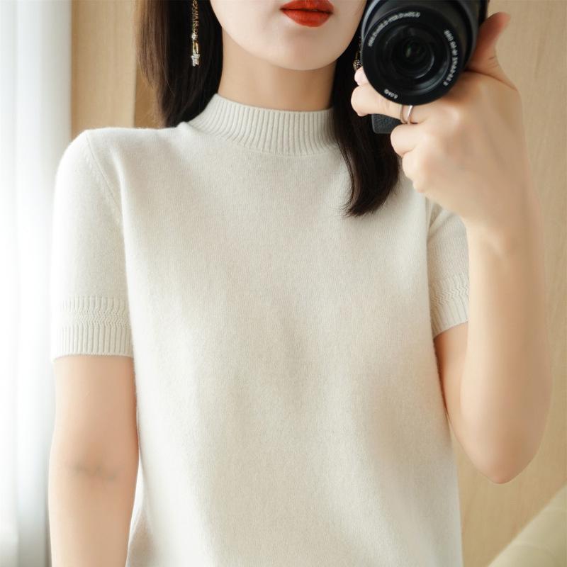 Women's Wool Blend Half High Neck Short Sleeve Sweater