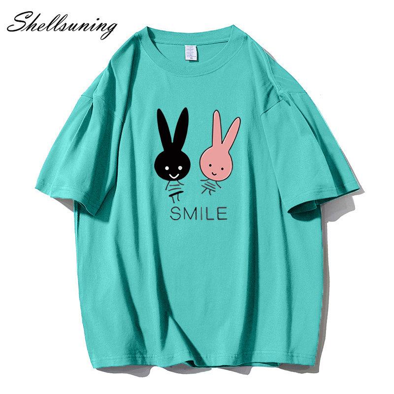 Shellsuning Cute Bunny Graphic Printed T Shirts Women Summer Casual Loose O Neck Short Sleeve Tees Female Trendy 100% Cotton Tops Lady