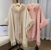 Fleece Thickened Fur Collar Hooded Fringed Knitted Woolen Cape Jacket 0878 #