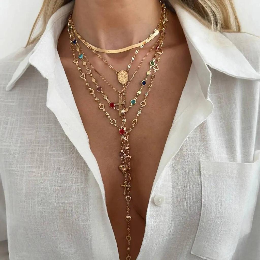 SHIXIN 5Pcs/Set Fashion Y-Shaped Colorful Crystal Clavicle Chain Women Boho Exquisite Gold Color Cross Pendant Necklace Jewelry