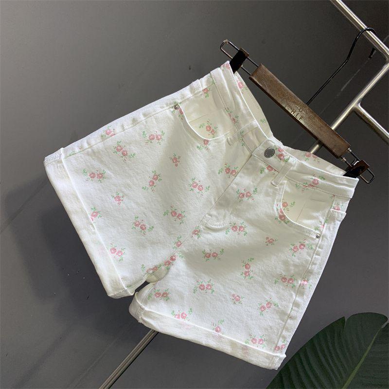 Женские белые цветочные шорты из денима Revers 2025 года, новые универсальные брюки с высокой талией, корейские летние широкие брюки-полукомбинации