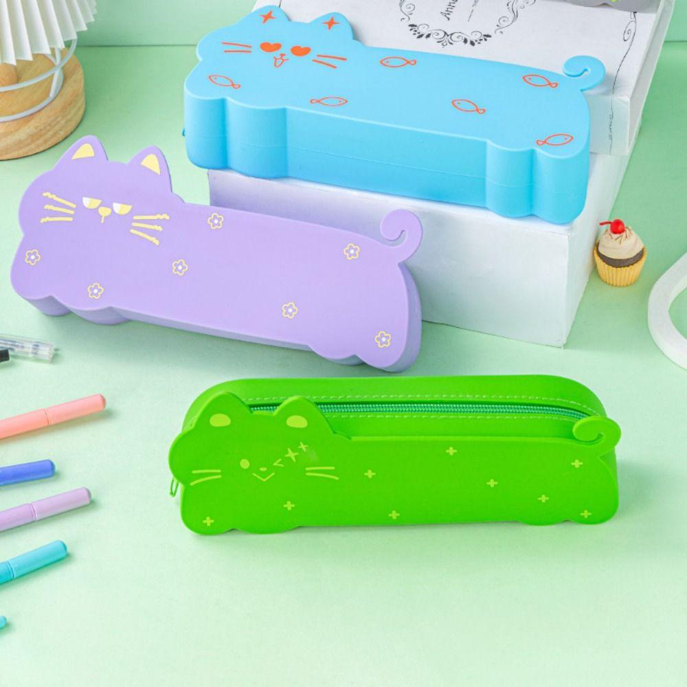 Silicone Pen Pouch Cat Shape Stationery Box Multifunctional Storage Bag Student