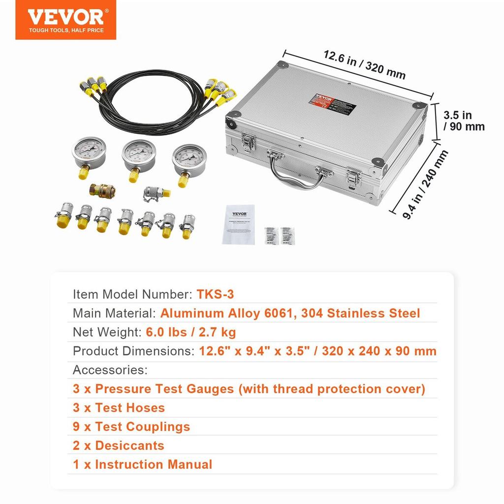 Hydraulic Pressure Test Kit, 250/400/600bar, 3 Gauges 9 Test Couplings 3 Test Hoses, Excavator Hydraulic Test Gauge Set with Portable Carrying Case
