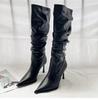 Sharp Pointed Pleated High Tube Long Boots For Women In Autumn High Heels Not Exceeding Knee Length Long Tube Boots